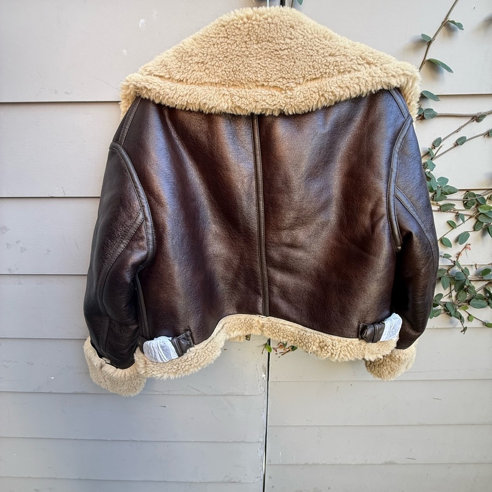 Brown Faux Leather Drop Shoulder Jacket with Cream Shearling - Picture 3 of 6